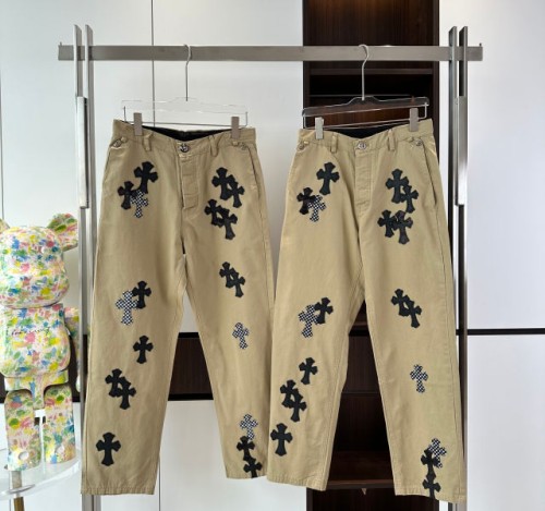 (V 공장) 크롬하츠 말털 크로스 체크 카키 가죽 팬츠