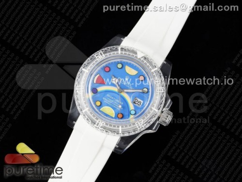 KZ공장 롤렉스 서브마리너 팬텀랩 블루토이 다이얼 화이트러버 VR3135 _ Submariner Phantomlab Transparent KZF Best Edition Blue Toy Dial on White Rubber Strap VR3135 V2