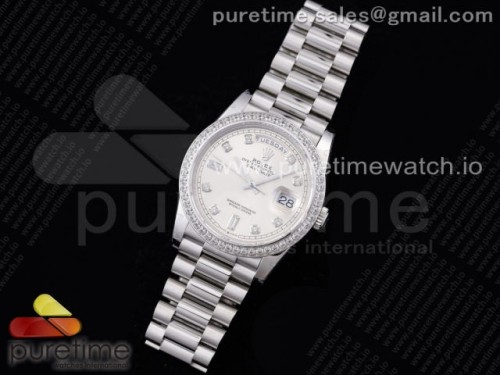 GM공장 롤렉스 데이데이트 36 실버 텐포인트 인덱스 다이아베젤 904L _ Day Date 36 128239 GMF 11 Best Edition 904L Steel Silver Dial Diamonds Markers and Bezel on Bracelet A2836