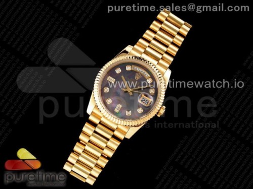 GM공장 롤렉스 데이데이트 36MM 옐로우골드 그레이자개 다이아다이얼 _ Day Date 36 YG 904L Steel Fluted Bezel GMF 11 Best Edition Gray MOP Diamonds Dial on YG Bracelet A2836