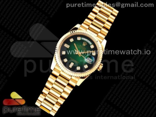 GM공장 롤렉스 데이데이트 36MM 옐로우골드 그린 다이아다이얼 _ Day Date 36 YG 904L Steel Fluted Bezel GMF 11 Best Edition Green Diamonds Dial on YG Bracelet A2836