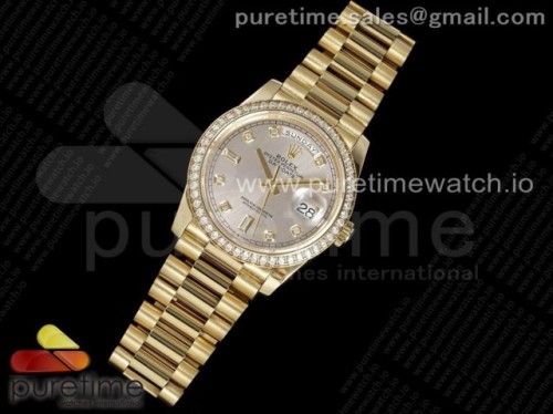 GM공장 롤렉스 데이데이트 36MM 옐로우골드 다이아베젤 실버 다이아다이얼 _ Day Date 36 YG 904L Steel Diamonds Bezel GMF 11 Best Edition Gray Diamonds Dial on YG Bracelet A2836