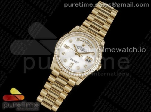 GM공장 롤렉스 데이데이트 36MM 옐로우골드 다이아베젤 실버 다이아다이얼 _ Day Date 36 YG 904L Steel Diamonds Bezel GMF 11 Best Edition Silver Diamonds Dial on YG Bracelet A2836