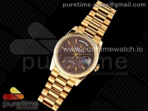 GM공장 롤렉스 데이데이트 36MM 옐로우골드 브라운 바인덱스다이얼 _ Day Date 36 YG 904L Steel Fluted Bezel GMF 11 Best Edition Brown Stick Dial on YG Bracelet A2836