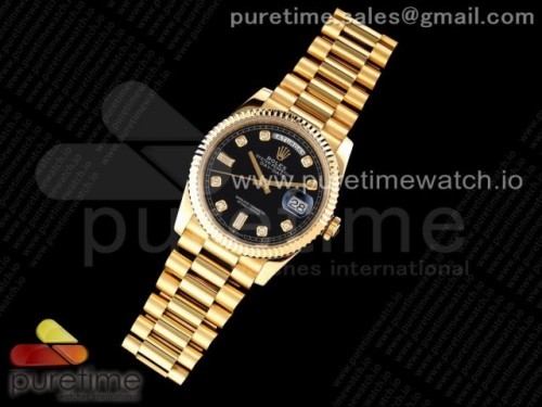 GM공장 롤렉스 데이데이트 36MM 옐로우골드 블랙 다이아다이얼 _ Day Date 36 YG 904L Steel Fluted Bezel GMF 11 Best Edition Black Diamonds Dial on YG Bracelet A2836