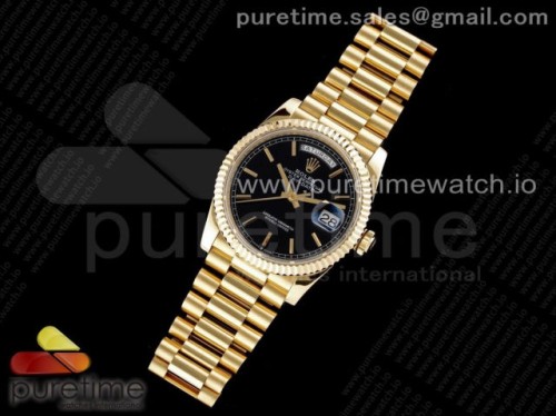 GM공장 롤렉스 데이데이트 36MM 옐로우골드 블랙 바인덱스다이얼 _ Day Date 36 YG 904L Steel Fluted Bezel GMF 11 Best Edition Black Stick Dial on YG Bracelet A2836