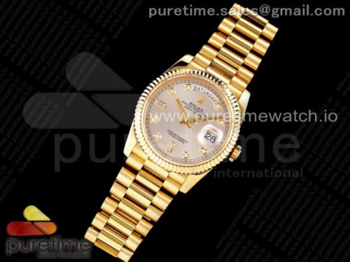 GM공장 롤렉스 데이데이트 36MM 옐로우골드 실버 다이아다이얼 _ Day Date 36 YG 904L Steel Fluted Bezel GMF 11 Best Edition Silver Diamonds Dial on YG Bracelet A2836