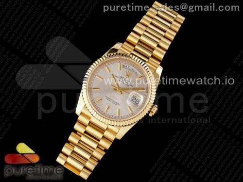 GM공장 롤렉스 데이데이트 36MM 옐로우골드 실버 바인덱스다이얼 _ Day Date 36 YG 904L Steel Fluted Bezel GMF 11 Best Edition Silver Stick Dial on YG Bracelet A2836