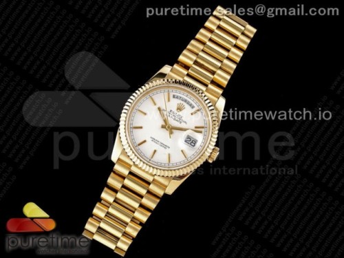 GM공장 롤렉스 데이데이트 36MM 옐로우골드 화이트 바인덱스다이얼 _ Day Date 36 YG 904L Steel Fluted Bezel GMF 11 Best Edition White Stick Dial on YG Bracelet A2836