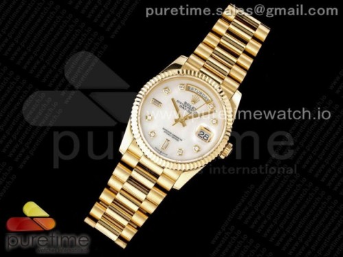 GM공장 롤렉스 데이데이트 36MM 옐로우골드 화이트자개 다이아다이얼 _ Day Date 36 YG 904L Steel Fluted Bezel GMF 11 Best Edition White MOP Diamonds Dial on YG Bracelet A2836