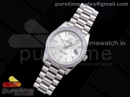 GM공장 롤렉스 데이데이트 40MM 블루 실버 다이아다이얼인덱스 904L _ Day Date 40 SS 904L Steel GMF 1_1 Best Edition Silver Crystal Dial on SS Bracelet A2836