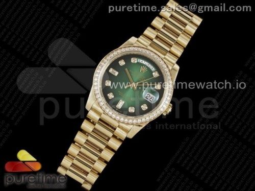 GM공장 롤렉스 데이데이트 40MM 옐로우골드 다이아베젤 그린 다이아다이얼 _ Day Date 40 YG 904L Steel Diamonds Bezel GMF 11 Best Edition Green Diamonds Dial on YG Bracelet A2836