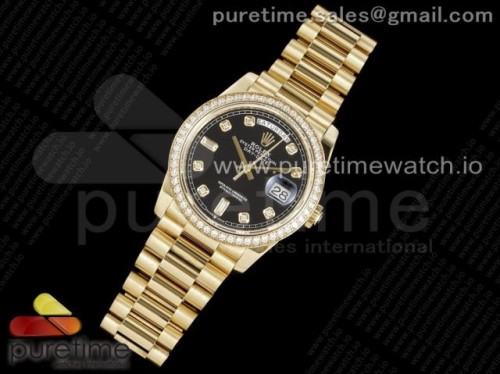 GM공장 롤렉스 데이데이트 40MM 옐로우골드 다이아베젤 블랙 다이아다이얼 _ Day Date 40 YG 904L Steel Diamonds Bezel GMF 11 Best Edition Black Diamonds Dial on YG Bracelet A2836