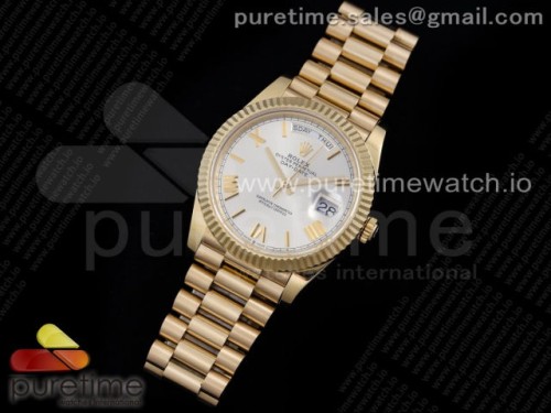 GM공장 롤렉스 데이데이트 40MM 옐로우골드 실버 로만인덱스다이얼 _ Day Date 40 YG 904L Steel GMF 1_1 Best Edition Silver Roman Dial on YG Bracelet A2836