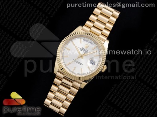 GM공장 롤렉스 데이데이트 40MM 옐로우골드 실버 바인덱스다이얼 _ Day Date 40 YG 904L Steel GMF 1_1 Best Edition Silver Stick Dial on YG Bracelet A2836