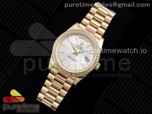 GM공장 롤렉스 데이데이트 40MM 옐로우골드 실버 텍스쳐 인덱스다이얼 _ Day Date 40 YG 904L Steel GMF 1_1 Best Edition Silver Textured Dial on YG Bracelet A2836