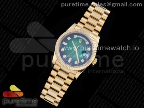 GM공장 롤렉스 데이데이트 옐로우골드 금통 그린 텐포인트 브슬 _ Day-Date 36 YG 128238 GMF Best Edition Green Dial Diamonds Markers on President Bracelet A2836