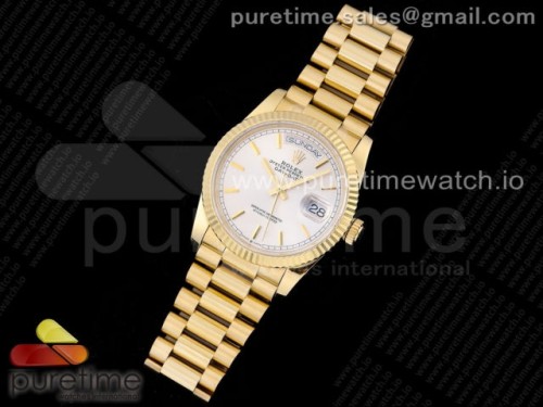 GM공장 롤렉스 데이데이트 옐로우골드 금통 실버 바인덱스 브슬 _ Day-Date 36 YG 128238 GMF Best Edition Silver Dial Stick Markers on President Bracelet A2836