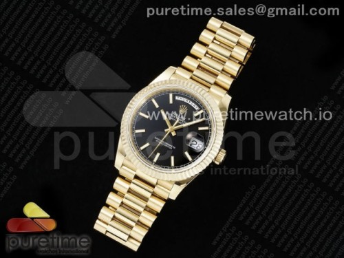 JD=GM공장 롤렉스 데이데이트 텅스텐 최신버전 3255무브먼트 DayDate 40 YG JDF Gain Weight 904L Steel Black Stick Dial on President Bracelet VR3255 V3