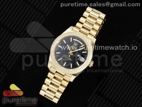 JD=GM공장 롤렉스 데이데이트 텅스텐 최신버전 3255무브먼트 DayDate 40 YG JDF Gain Weight 904L Steel Black Textured Stick Dial on President Bracelet VR3255 V3