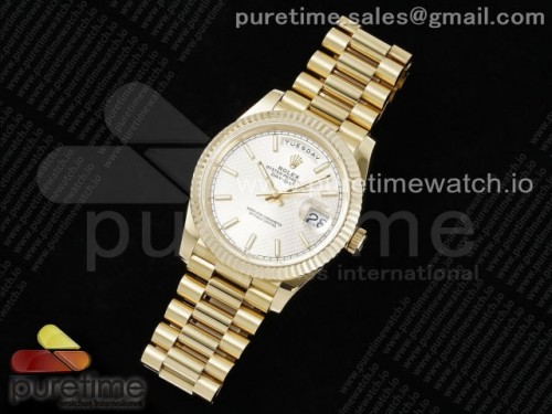 JD=GM공장 롤렉스 데이데이트 텅스텐 최신버전 3255무브먼트 DayDate 40 YG JDF Gain Weight 904L Steel Silver Textured Stick Dial on President Bracelet VR3255 V3