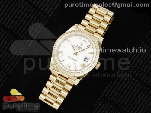 JD=GM공장 롤렉스 데이데이트 텅스텐 최신버전 3255무브먼트 DayDate 40 YG JDF Gain Weight 904L Steel White Big Roman Dial on President Bracelet VR3255 V3