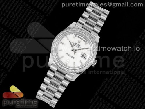 JD공장 롤렉스 데이데이트 화이트 다이아인덱스 다이아베젤 40 _ Day Date 40 SS 904L Steel JDF 11 Best Edition White Dial Diamonds Bezel on SS Bracelet A2836