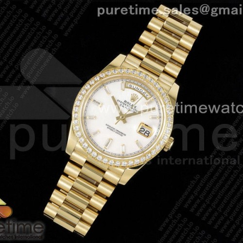 JD공장 롤렉스 데이데이트 화이트 다이아인덱스 다이아베젤 40 옐로우골드 _ Day Date 40 YG 904L Steel JDF 11 Best Edition White MOP Dial Diamonds Bezel on YG Bracelet A2836