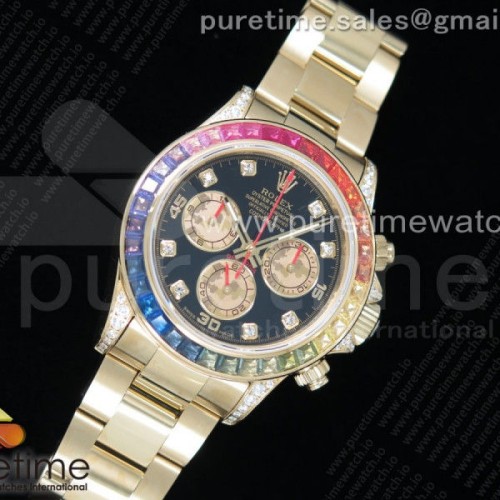 JH공장 롤렉스 데이토나 옐로우골드 레인보우 바게티베젤 블랙다이얼 _ Daytona 116589RBOW YG Rainbow Crystal JHF Best Edition Black Dial on YG Bracelet A4130