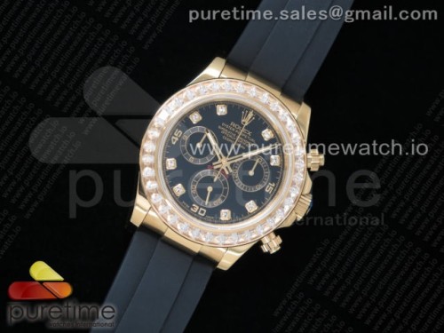 JH공장 롤렉스 데이토나 옐로우골드 블랙다이아다이얼 다이아베젤 러버 _ Daytona YG JHF Best Edition Black Dial Diamonds Bezel on Black Rubber Strap A4130