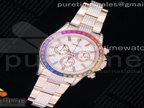 OM공장 롤렉스 데이토나 로즈골드 레인보우 바게트베젤 풀다이어 브슬 _ Daytona 116595RBOW RG Rainbow Crystal OMF Best Edition Diamonds Dial on RG Diamonds Bracelet A4130