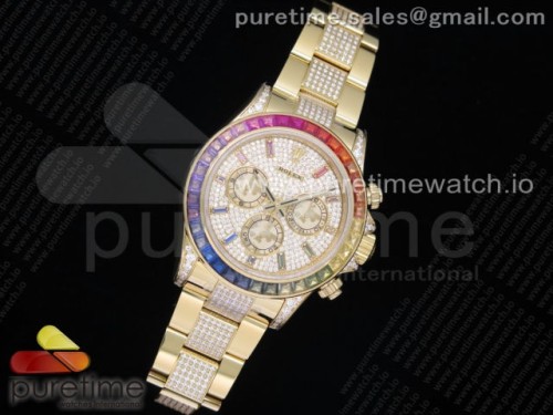 OM공장 롤렉스 데이토나 옐로우골드 레인보우 바게트베젤 풀다이어 브슬 _ Daytona YG Rainbow Crystal OMF Best Edition Diamonds Dial on YG Diamonds Bracelet A4130