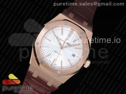 JF공장 V5 오데마피게 로얄오크 15400 로골 화이트다이얼 가죽 _ Royal Oak 41mm 15400 RG JF 11 Best Edition White Textured Dial on Brown Leather Strap A3120 V5