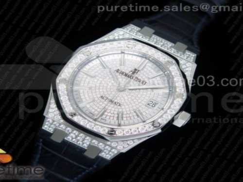 JF공장 오데마피게 로얄오크 37MM 풀 다이아몬드 다이아몬드다이얼 _ 가죽 Royal Oak 37mm 15452 SS Full Paved Diamonds JF 1_1 Best Edition Diamonds Dial on Blue Leather Strap A3120