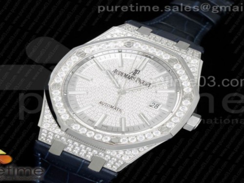 JF공장 오데마피게 로얄오크 41MM 풀 다이아몬드 다이아몬드다이얼 _ 가죽 Royal Oak 41mm 15402 SS Full Paved Diamonds JF 1_1 Best Edition Diamonds Dial on Blue Leather Strap A3120