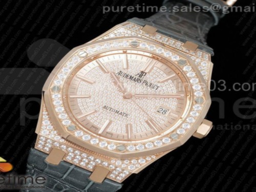 JF공장 오데마피게 로얄오크 41MM 풀 다이아몬드 다이아몬드다이얼 로즈골드 _ 가죽 Royal Oak 41mm 15402 RG Full Paved Diamonds JF 1_1 Best Edition Diamonds Dial on Gray Leather Strap A3120