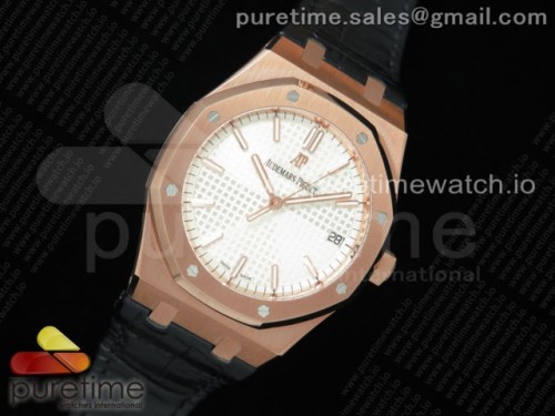 OM공장 오데마피게 로얄오크 41MM 로골 화이트다이얼 가죽 _ Royal Oak 41mm 15500 RG OMF 11 Best Edition White Textured Dial on Black Leather Strap MIYOTA 9015