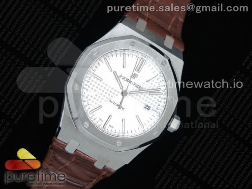 OM공장 오데마피게 로얄오크 15400 화이트다이얼 브라운가죽 _ Royal Oak 41mm 15400 SS OMF 11 Best Edition White Textured Dial on Brown Leather Strap A3120