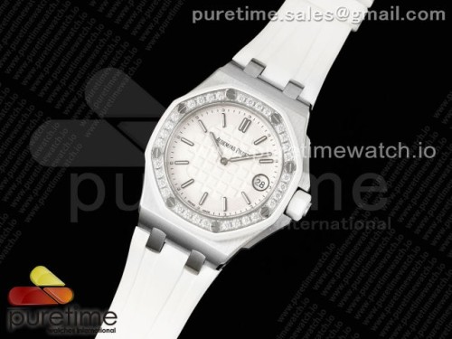 TW공장 오데마피게 로얄오크 레이디 37MM 57540 다이아베젤 화이트다이얼 러버 _ Royal Oak Offshore Ladies 37mm 67540 SS TWF Best Edition White Dial on White Rubber Strap ETA Quartz