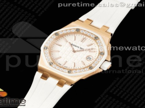 TW공장 오데마피게 로얄오크 레이디 37MM 57540 로즈골드 다이아베젤 화이트다이얼 러버 _ Royal Oak Offshore Ladies 37mm 67540 RG TWF Best Edition White Dial on White Rubber Strap ETA Quartz