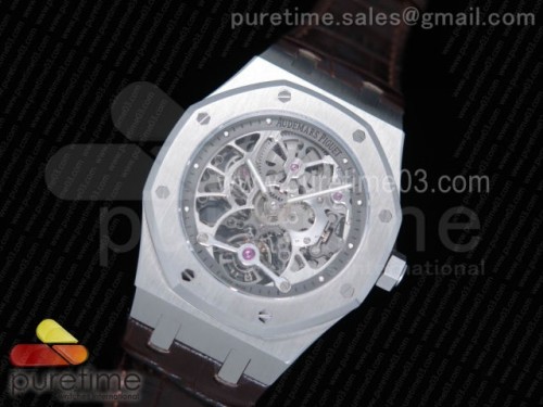 오데마피게 로얄오크 페이크뚜르비옹 스켈레톤다이얼 _ 가죽 Royal Oak Fake Tourbillon SS Skeleton Dial on Brown Leather Strap A23J