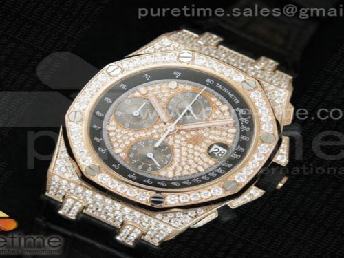 JF공장 오데마피게 로얄오크 풀다이아몬드 로즈골드 _ 가죽 Royal Oak Offshore RG Full Paved Diamonds JF Best Edition on Black Leather Strap A7750