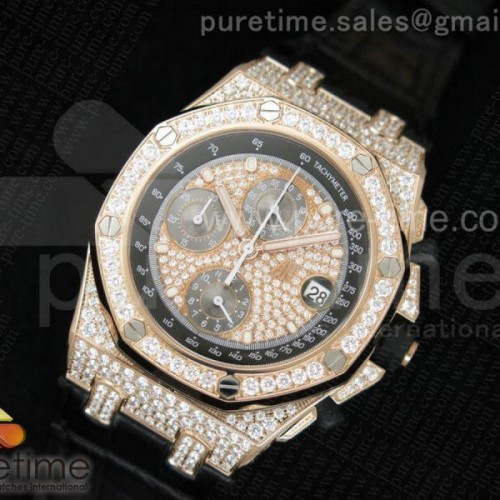 JF공장 오데마피게 로얄오크 풀다이아몬드 로즈골드 _ 가죽 Royal Oak Offshore RG Full Paved Diamonds JF Best Edition on Black Leather Strap A7750