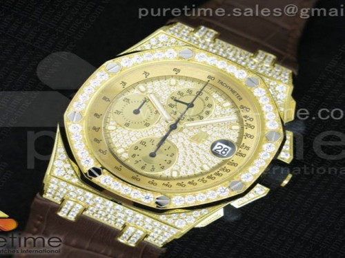 JF공장 오데마피게 로얄오크 풀다이아몬드 옐로우골드  가죽 Royal Oak Offshore YG Full Paved Diamonds JF Best Edition on Brown Leather Strap A7750