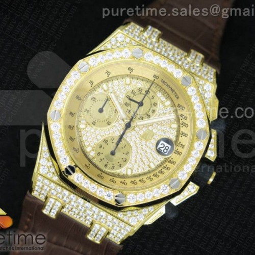 JF공장 오데마피게 로얄오크 풀다이아몬드 옐로우골드  가죽 Royal Oak Offshore YG Full Paved Diamonds JF Best Edition on Brown Leather Strap A7750