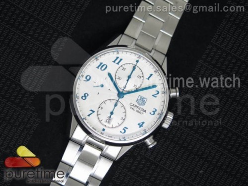 V6공장 태그호이어 까레라 CAL1887 크로노그래프 화이트 다이얼 라이트블루 마커스 브레이슬릿 Carrera CAL1887 Chronograph SS V6F 1_1 Best Edition White Dial LightBlue Markers on SS Bracelet CAL1887