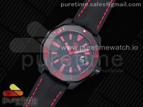 V6공장 태그호이어 아쿠아레이서 칼리버5 43MM PVD블랙앤레드다이얼 나일론 _ Aquaracer Calibre 5 PVD 43mm V6F 11 Best Edition BlackRed Dial on Brown Nylon Strap A2824