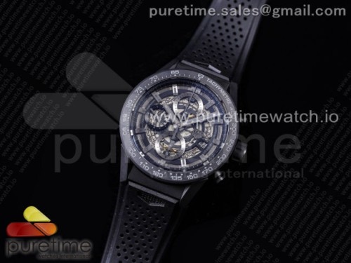 XF공장 칼리버호이어 43 세라믹 블랙핸즈 스켈레톤다이얼 러버 Calibre Heuer 01 Chrono 43mm Ceramic XF 11 Best Edition Skeleton Dial on Black Rubber Strap A1887