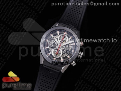XF공장 칼리버호이어 43 스켈레톤다이얼 러버 스틸 _ Calibre Heuer 01 Chrono 43mm SS XF 11 Best Edition Skeleton Dial Red Hand on Black Rubber Strap A1887
