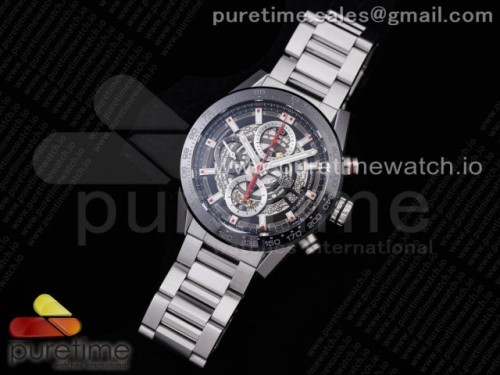 XF공장 칼리버호이어 43 스켈레톤다이얼 브슬 스틸 _ Calibre Heuer 01 Chrono 43mm SS XF 11 Best Edition Skeleton Dial Red Hand on SS Bracelet A1887